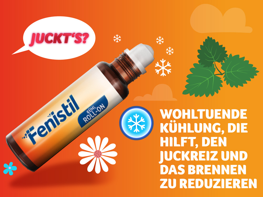 Werbung für Fenistil Kühl Roll-on. Produkt mit Mücke. Text: Ohne Alkohol, Parfum, Farbstoffe. Angenehm kühlend.